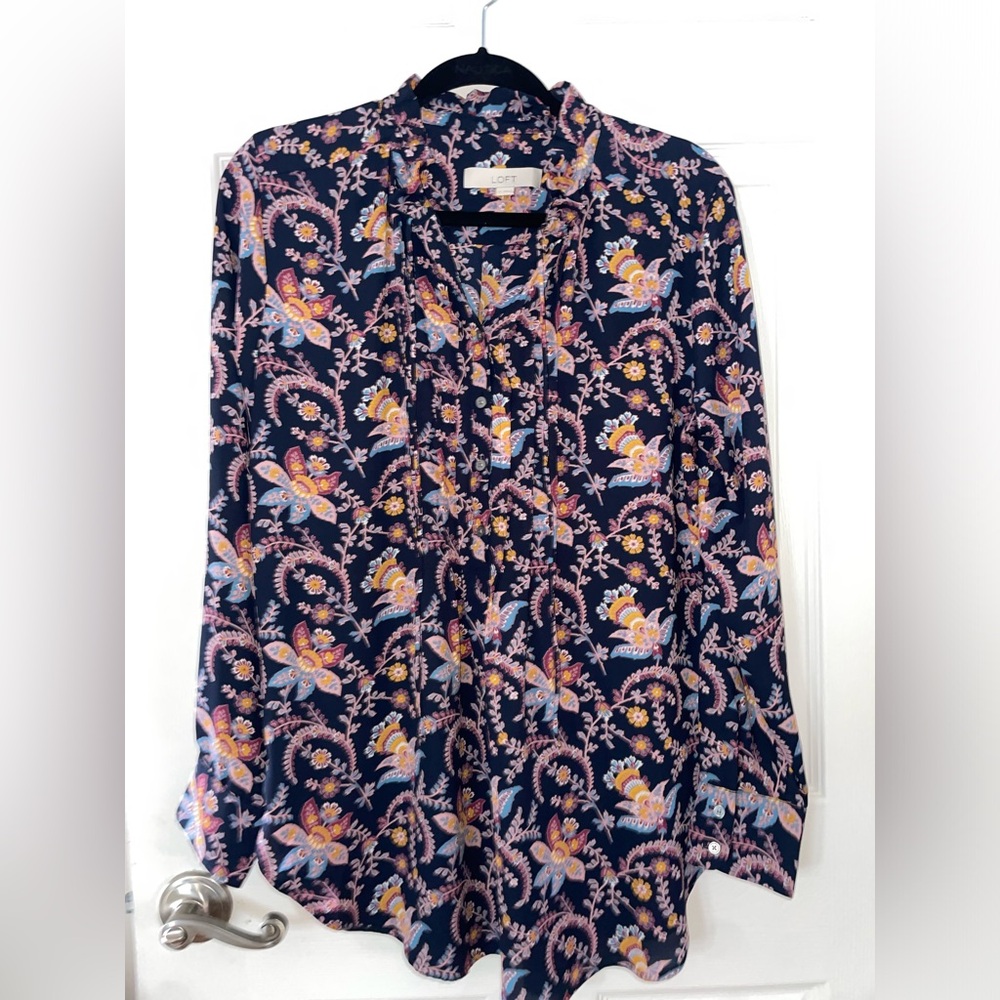 LOFT Navy Paisley Tie-Neck Blouse with Pink and Yellow Accents